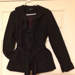 Willi Smith Black Medium Lined Belted Ruffle Front and Sleeve Jacket